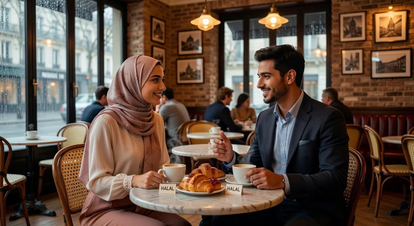 Couple musulman en France lors d'un premier rendez-vous halal en café parisien