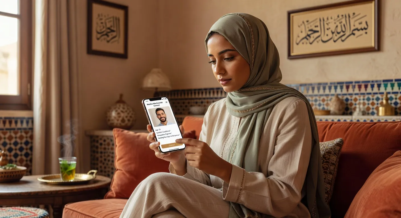 Jeune femme maghrébine consultant une application de rencontre musulmane sur smartphone