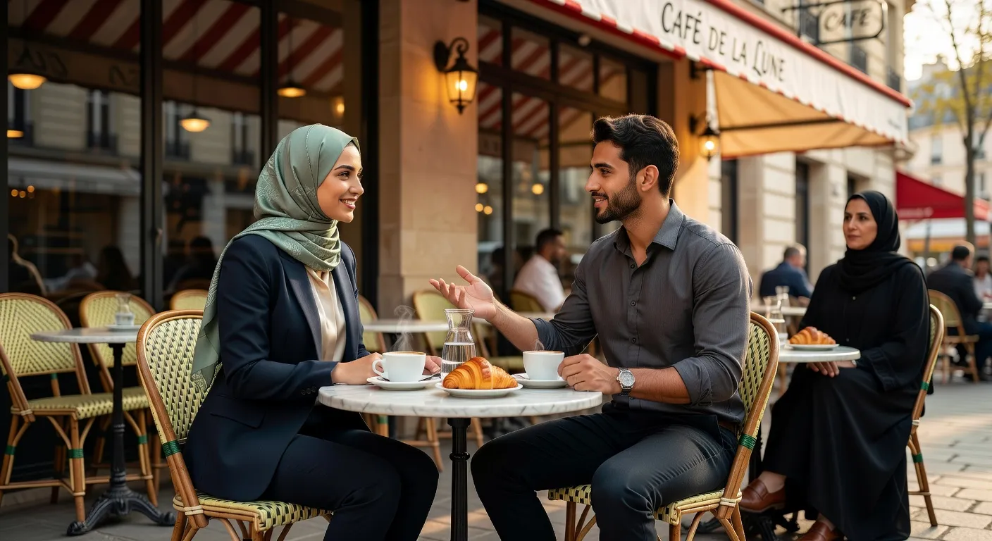 Couple arabe rencontré via une plateforme musulmane échangeant en café parisien