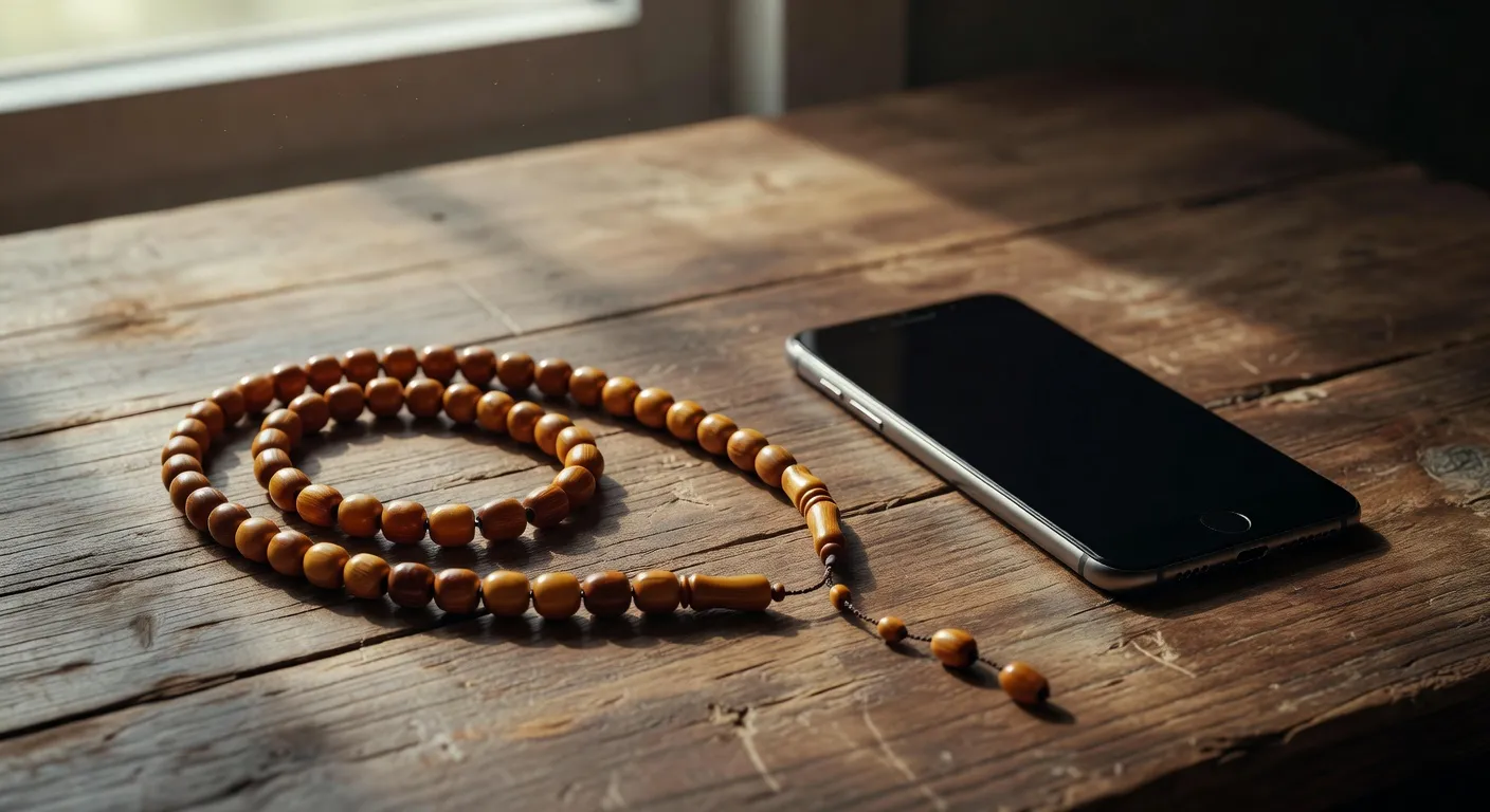 Chapelet musulman et smartphone sur table