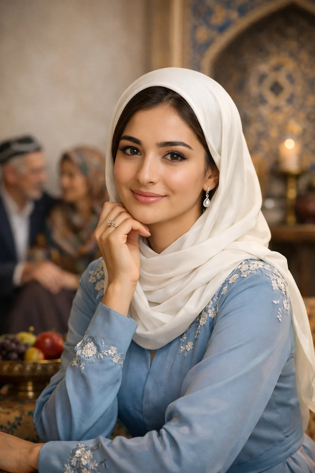 Jeune femme musulmane d’Ouzbékistan dans une ambiance élégante et lumineuse